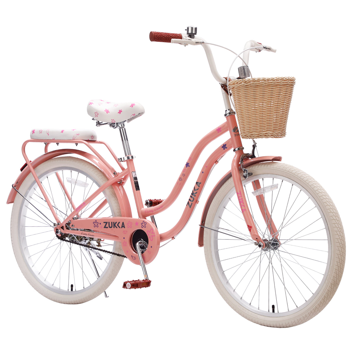24 Inch Cruiser Bike for Girls, Single Speed Commuter Bicycle with Wicker Basket & Rear Rack, High Carbon Steel Frame Comfort City Bike for Outdoor Riding,Peach Pink Color