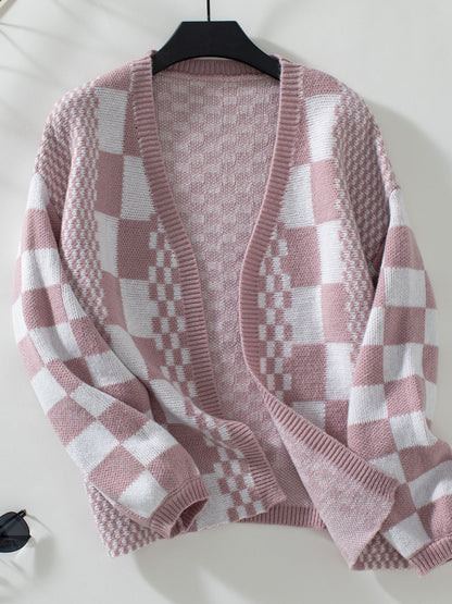 Double Take Checkered Open Front Dropped Shoulder Cardigan