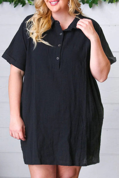 Wholesale Black Plus Size Collar Buttoned Short Sleeve Shirt Dress - Eloy Royal