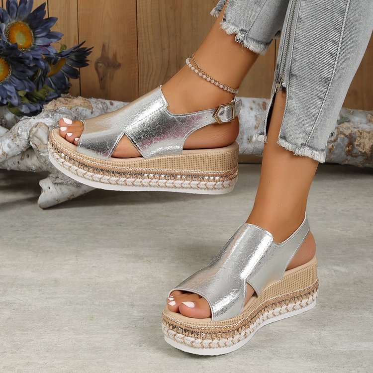 Summr Shiny Sandals Hollow Design Fish Mouth Sandal For Women Fashion Buckle Wedges Shoes - Eloy Royal