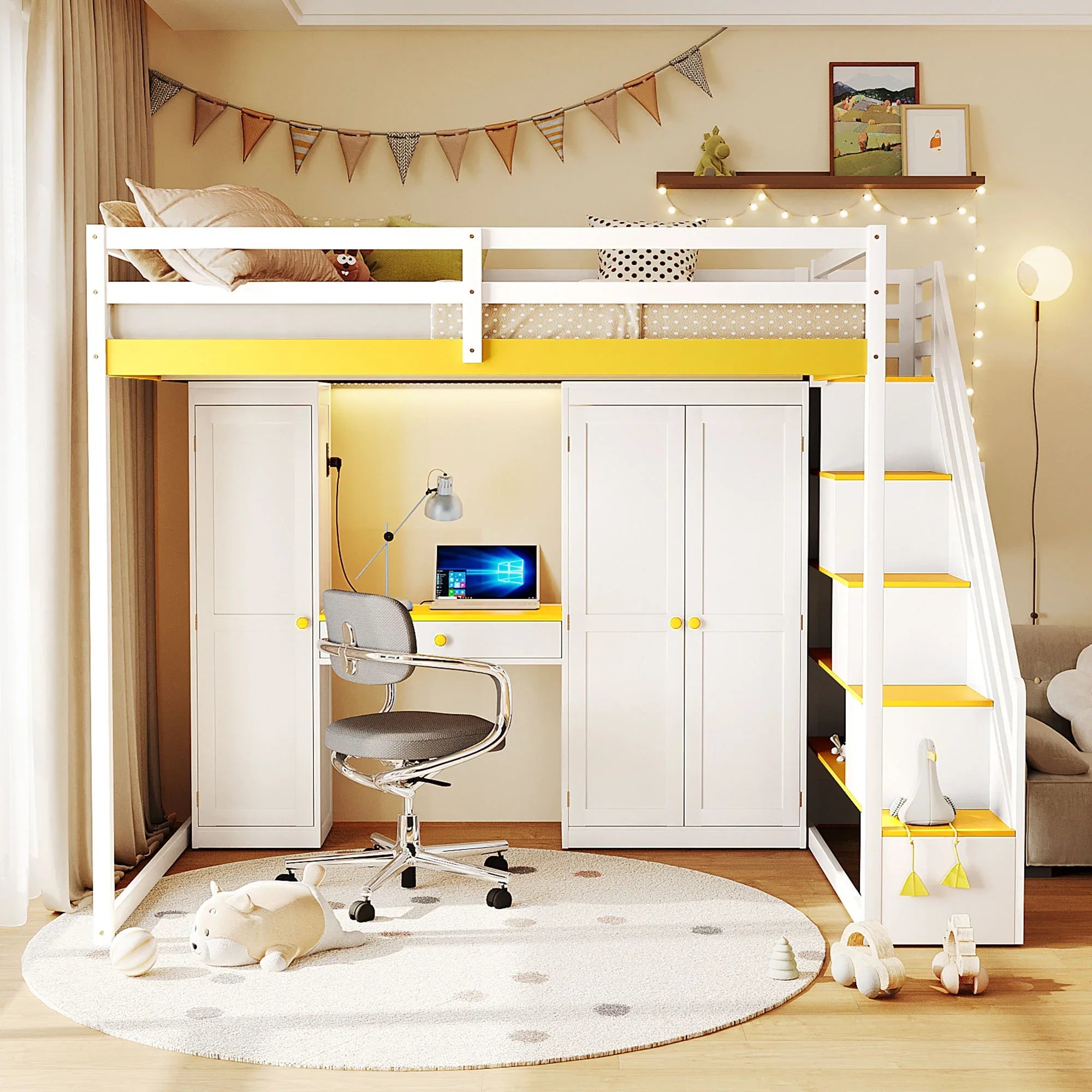 Full Size Loft Bed with Storage Staircase,Built-In Dressing Table with Mirror and Drawer, Wardrobe & Cabinets, USB Charging Ports and Lights, White+Yellow - Eloy Royal