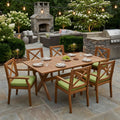 7 Pieces Acacia Wood Outdoor Dining Set with Green Cushions,Modern 6 Chairs  1 Large Table,Dining Furniture Set for Lawn, Backyard, Garden Deck,Poolside,Teak
