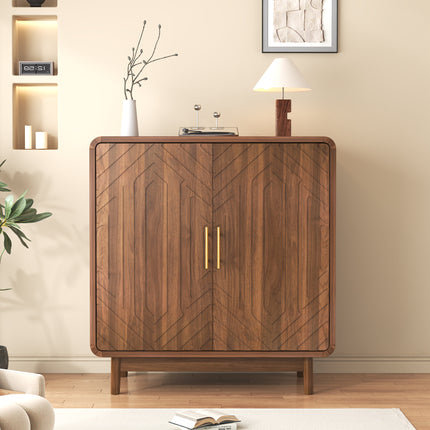 Walnut-finish carved side cabinet and dining cabinet with storage function and adjustable shelves, decorative cabinet, suitable for kitchen, dining room, entryway, living room, corridor and office.