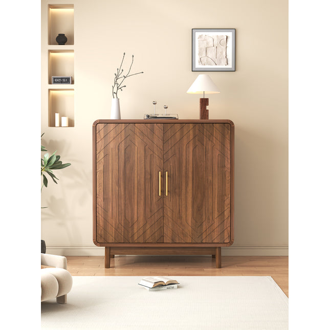 Walnut-finish carved side cabinet and dining cabinet with storage function and adjustable shelves, decorative cabinet, suitable for kitchen, dining room, entryway, living room, corridor and office.