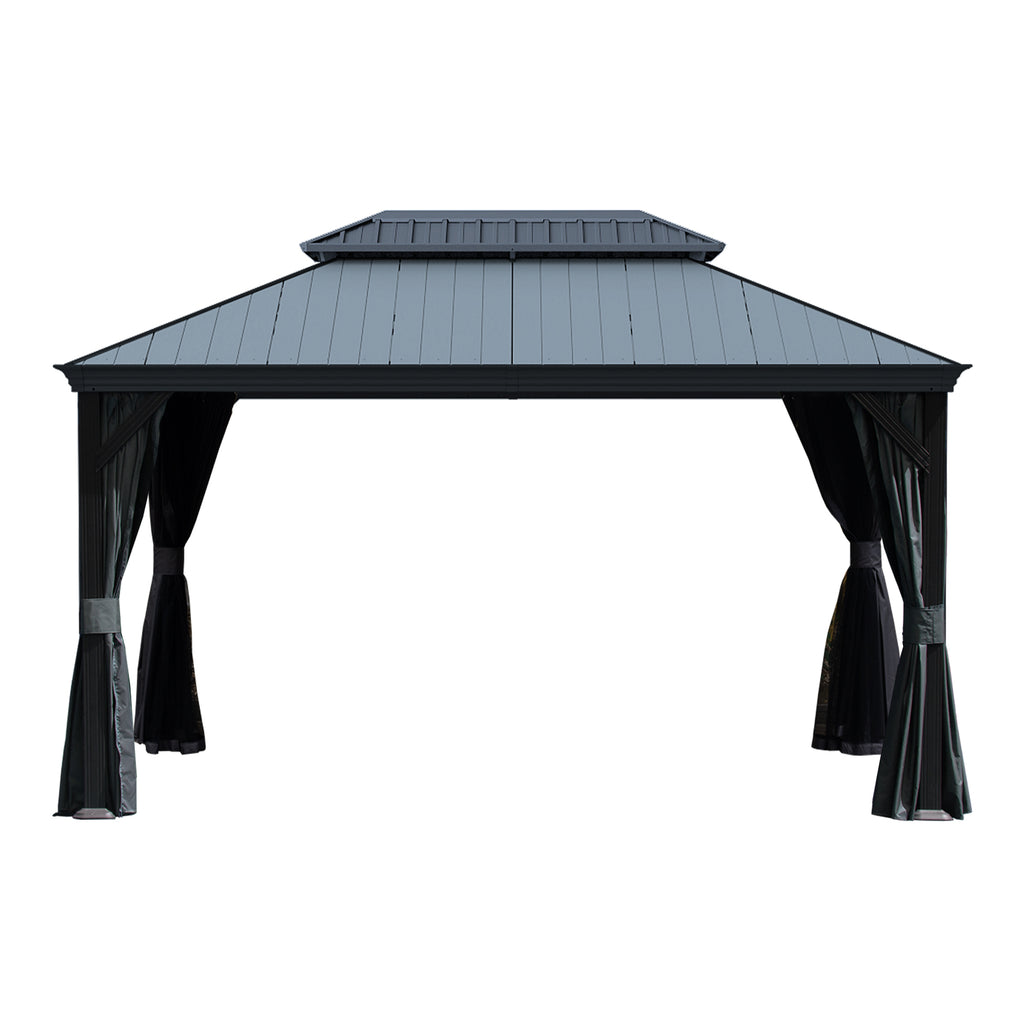 10'x14' Hardtop Gazebo with Resin Roof, Outdoor Metal Gazebo with Drainage Gutters, Permanent Heavy Duty Pavilion for Patio, Backyard and Deck, Curtains and Mosquito Netting Included