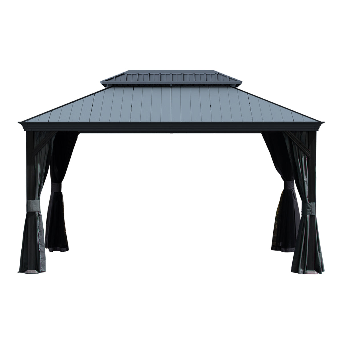 10'x14' Hardtop Gazebo with Resin Roof, Outdoor Metal Gazebo with Drainage Gutters, Permanent Heavy Duty Pavilion for Patio, Backyard and Deck, Curtains and Mosquito Netting Included