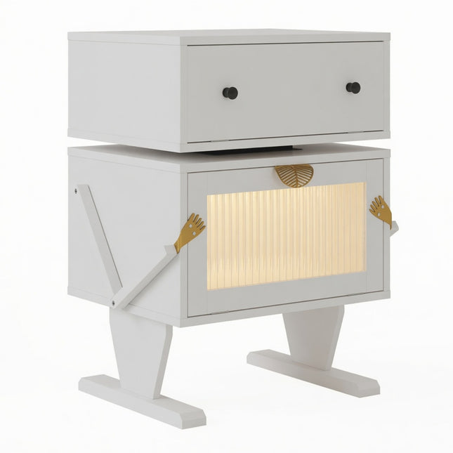White Robot LED Nightstand with 360° Rotating Drawer - Modern End Table, Engineered Wood, Matte White, 20.7' W x 15' D x 27' H