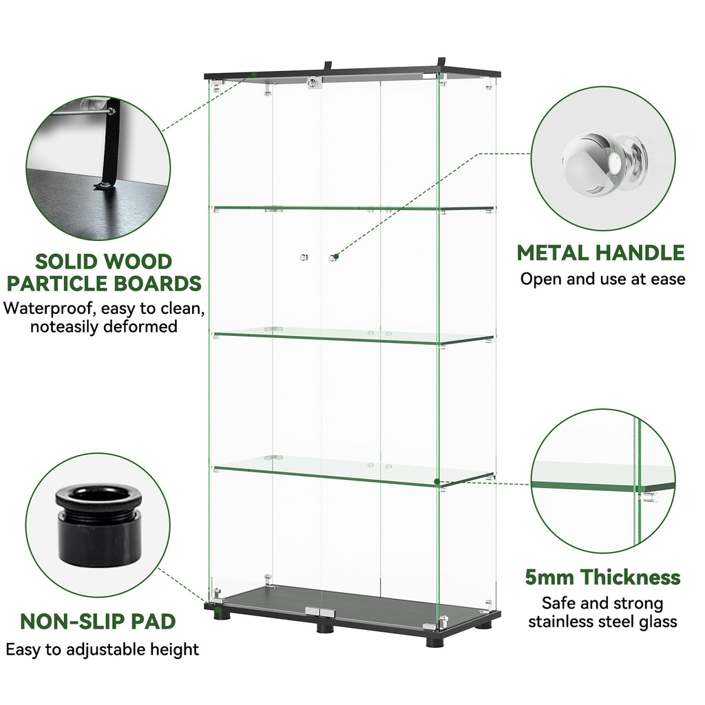 Black Glass Display Cabinet with 4-Shelf Double Doors and Lock, 5mm Tempered Glass Floor Standing Bookshelf for Living Room, Bedroom, Office, 64 x 31.7 x 14.3 in