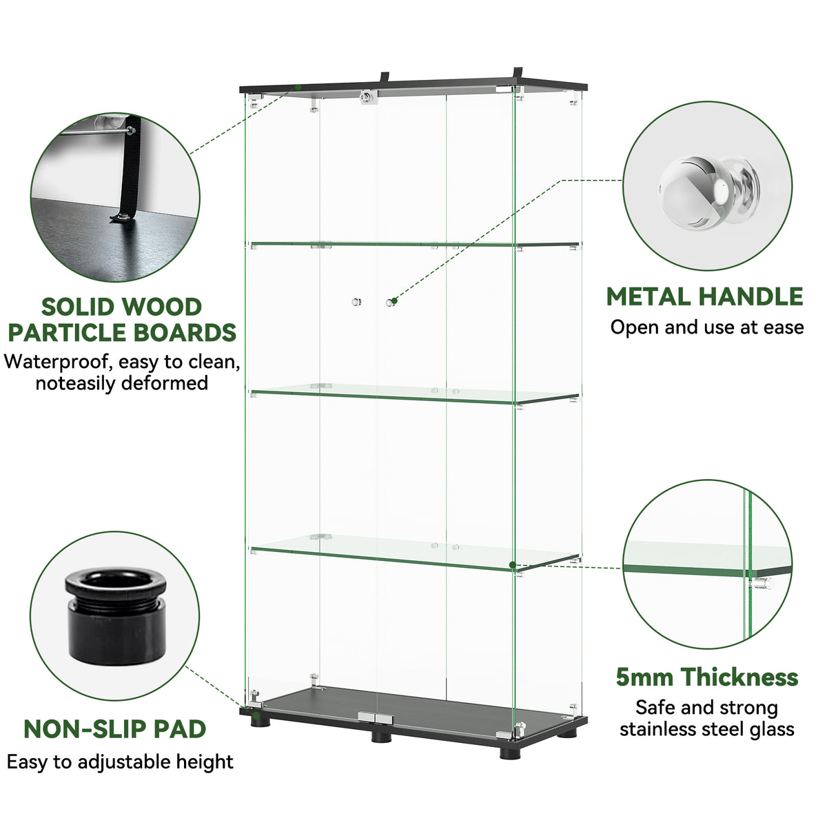 Black Glass Display Cabinet with 4-Shelf Double Doors and Lock, 5mm Tempered Glass Floor Standing Bookshelf for Living Room, Bedroom, Office, 64 x 31.7 x 14.3 in