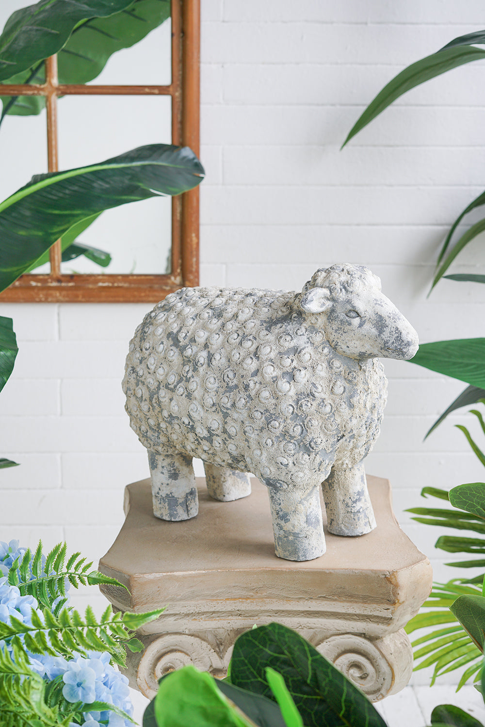 18.1x9.6x13.8' Magnesium Sheep Figurine with Weathered White and Gray Finish, Vintage Garden Decor