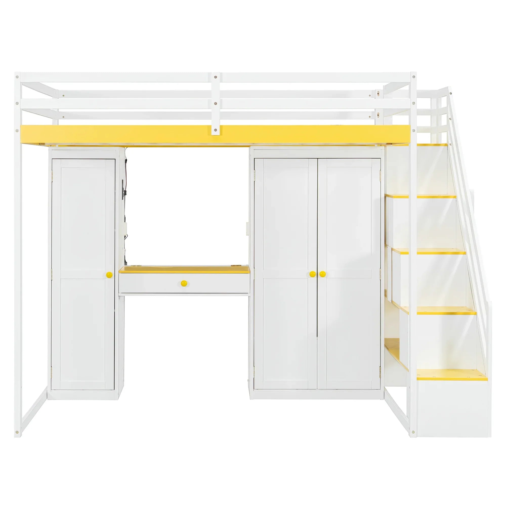 Full Size Loft Bed with Storage Staircase,Built-In Dressing Table with Mirror and Drawer, Wardrobe & Cabinets, USB Charging Ports and Lights, White+Yellow - Eloy Royal