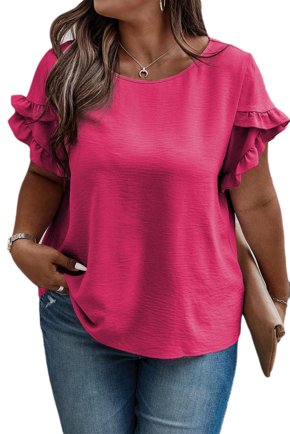 Bright Pink Ruffled Short Sleeve Plus Size Top - Eloy Royal