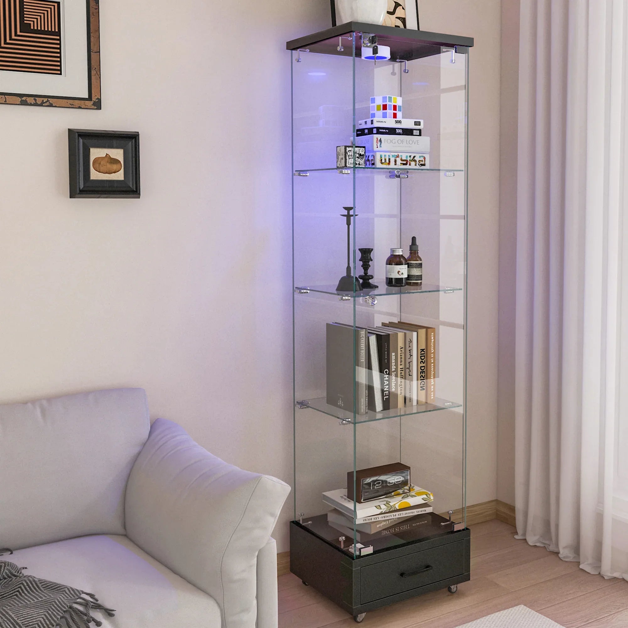 Modern Glass Display Cabinet with Drawer , Quick-assembly Antique Cabinet with LED lights, Tempered Glass Bookshelf, 1-Door Storage Case with 4 Shelves for Living Room and Bedroom, black - Eloy Royal