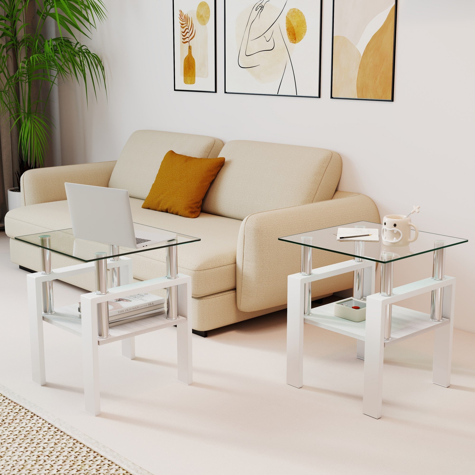 Set of 2 Modern Tempered Glass Tea Table,Tempered Glass Tabletop with MDF Layer,Coffee Table,End Table, Square Table for Living Room, Transparent/white