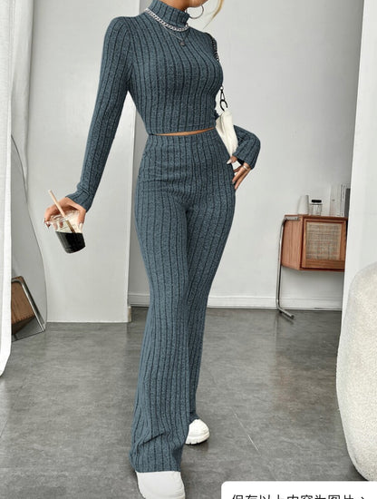 Long Sleeve Turtlenecks Wide Leg High Waist Trousers Suit