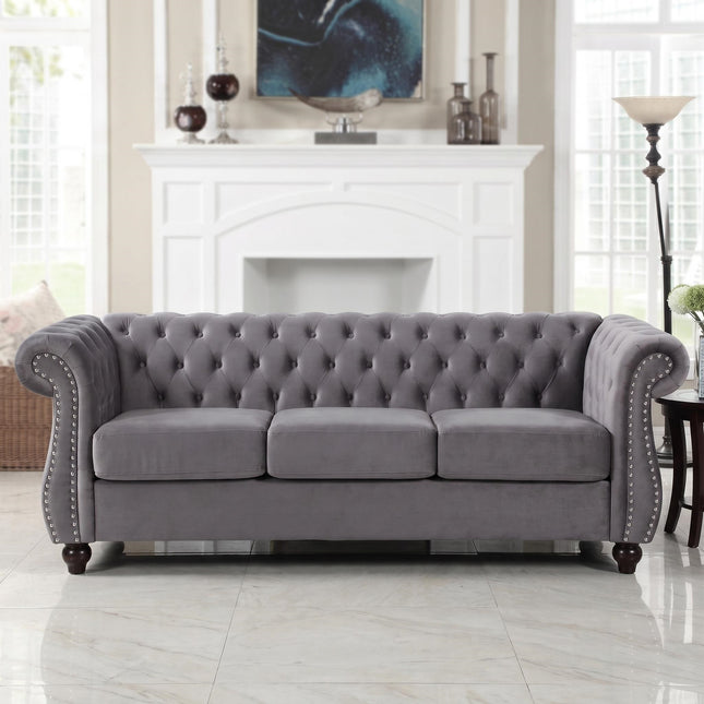 Chesterfield 3-Seater Crushed Velvet Sofa, Button Tufted Couch with Rolled Arms, High Density Foam & Spring Support, Wood Tapered Legs, Includes Matching Bolster for Living Room
