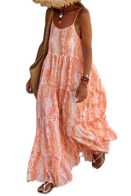 Orange Abstract Print Backless Tiered Maxi Dress - Eloy Royal