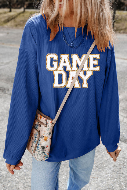 Dark Blue GAME DAY Glitter Detail Graphic Drop Shoulder Sweatshirt