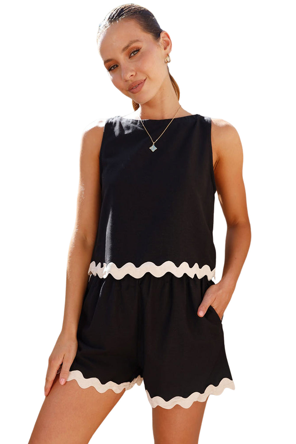 Black Ricrac Applique Sleeveless Top and Pocketed Shorts Set - Eloy Royal