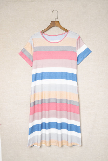 Multicolor Striped Casual Pocket Color Block T Shirt Dress - Eloy Royal