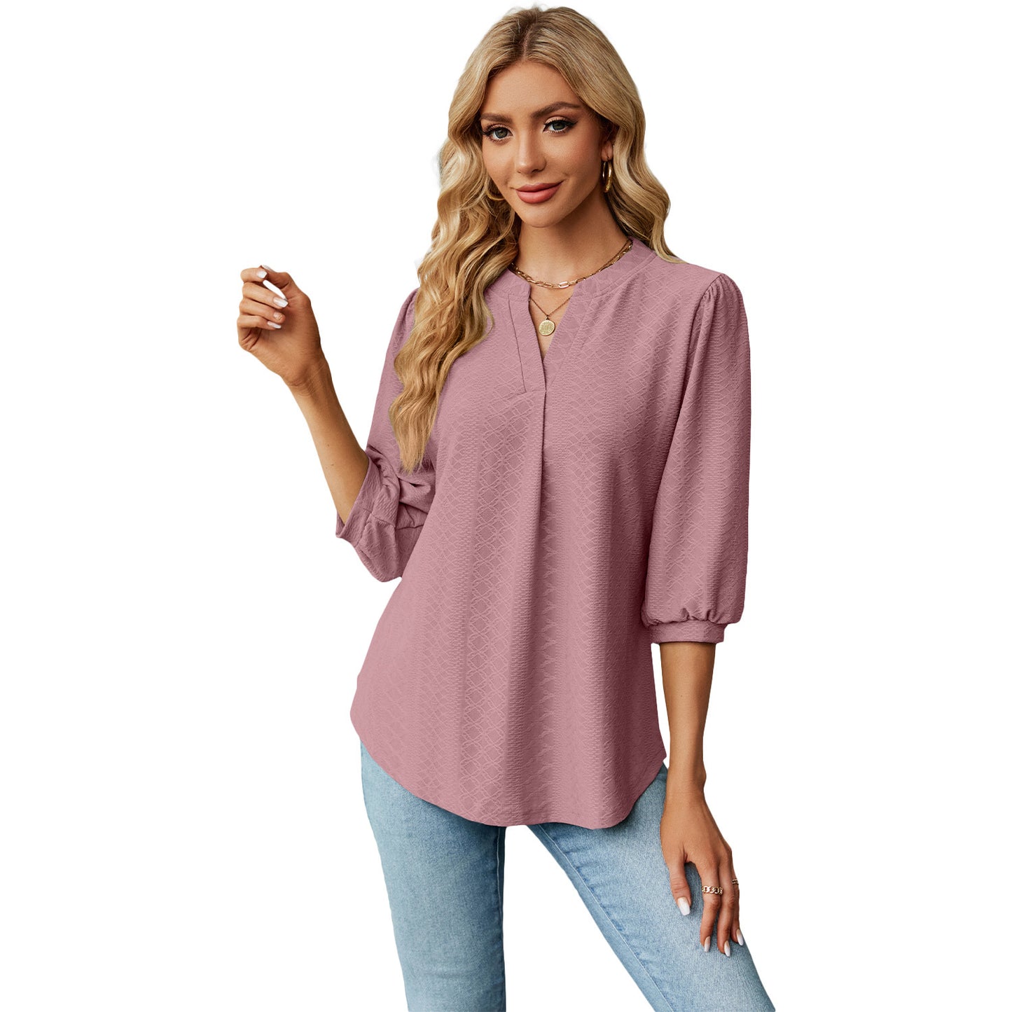 Solid Color Lace Collar Jacquard Long Sleeve Loose-fitting T-shirt Top