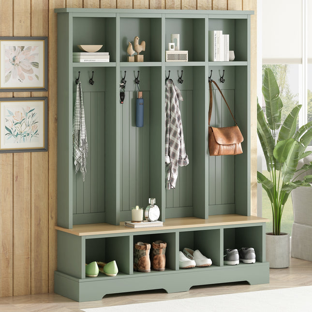 Farmhouse Hall Tree with 8 Hooks, Practical Entryway Bench with Open Compartments, 76.7'H Modern 3-in-1 Wooden Style Coat and Shoe Rack for Mudroom, Living Room, Mint Green (OLD SKU: N721P292601M)