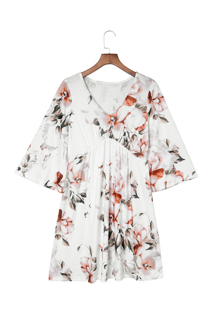 White Floral Print V Neck Flutter Half Sleeve Empire Waist Dress - Eloy Royal