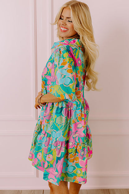 Green Plus Floral Print Puff Sleeve Tiered Shirt Dress - Eloy Royal