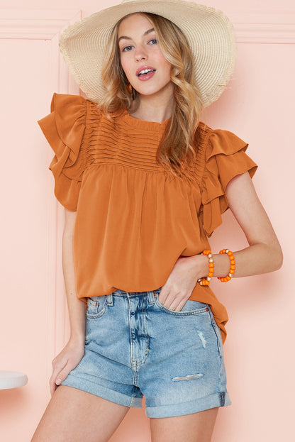 Grapefruit Orange Ruched Frilled Neck Ruffle Blouse - Eloy Royal