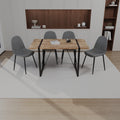 55' MDF dark wood dining table and modern dining chair set of 4 pieces, medieval wooden kitchen dining table set, black rectangular metal base, dining table and suede chair set