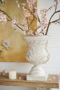 10.2x10.2x16.9' Ornate Magnesium Urn Planter with Antique White Finish and Carved Leaf Details