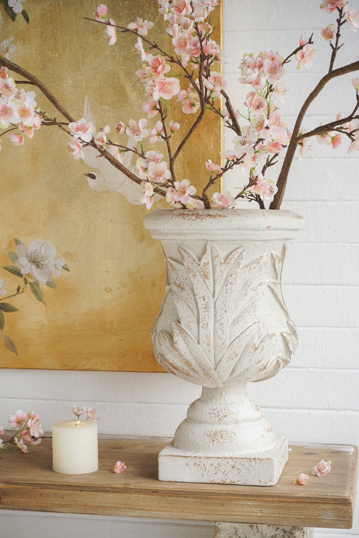 10.2x10.2x16.9' Ornate Magnesium Urn Planter with Antique White Finish and Carved Leaf Details