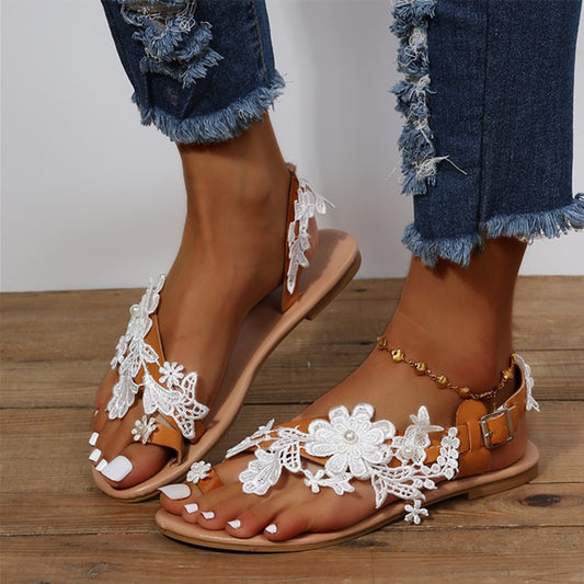 Lace Sandals Bohemia Beach Shoes Flowers Ankle Strap Flat Shoes Summer - Eloy Royal