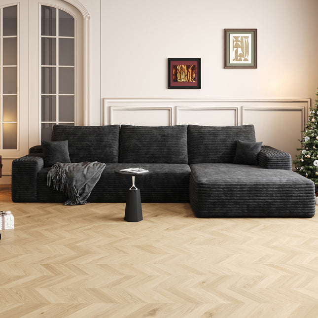 107' Cloud Sectional Couch with L-Shape Chaise,Modern Modular Sofa with Deep Seat, Upholstered Couches for Living Room Bedroom,No Assembly Required, BLACK(Plush Corduroy Fabric),Black