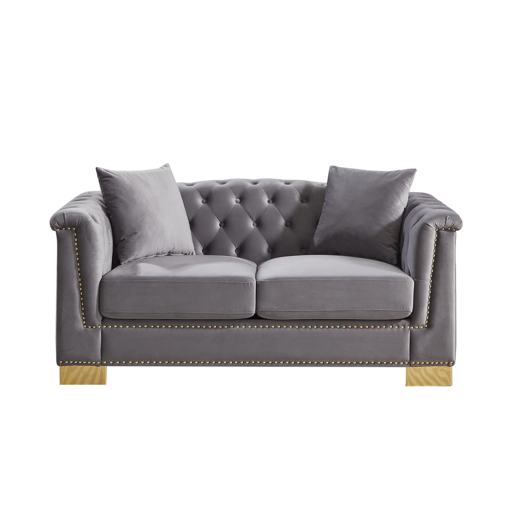 {Video] Classic Modern Style Sofa, 62-inch Chesterfield Classic Rolled Arm Tucked-in Nailhead Decor Cloud Two-Seater Velvet Sofa, Luxury Double Sofa Suitable for Living Room, Bedroom, Apartment, Grey - Eloy Royal