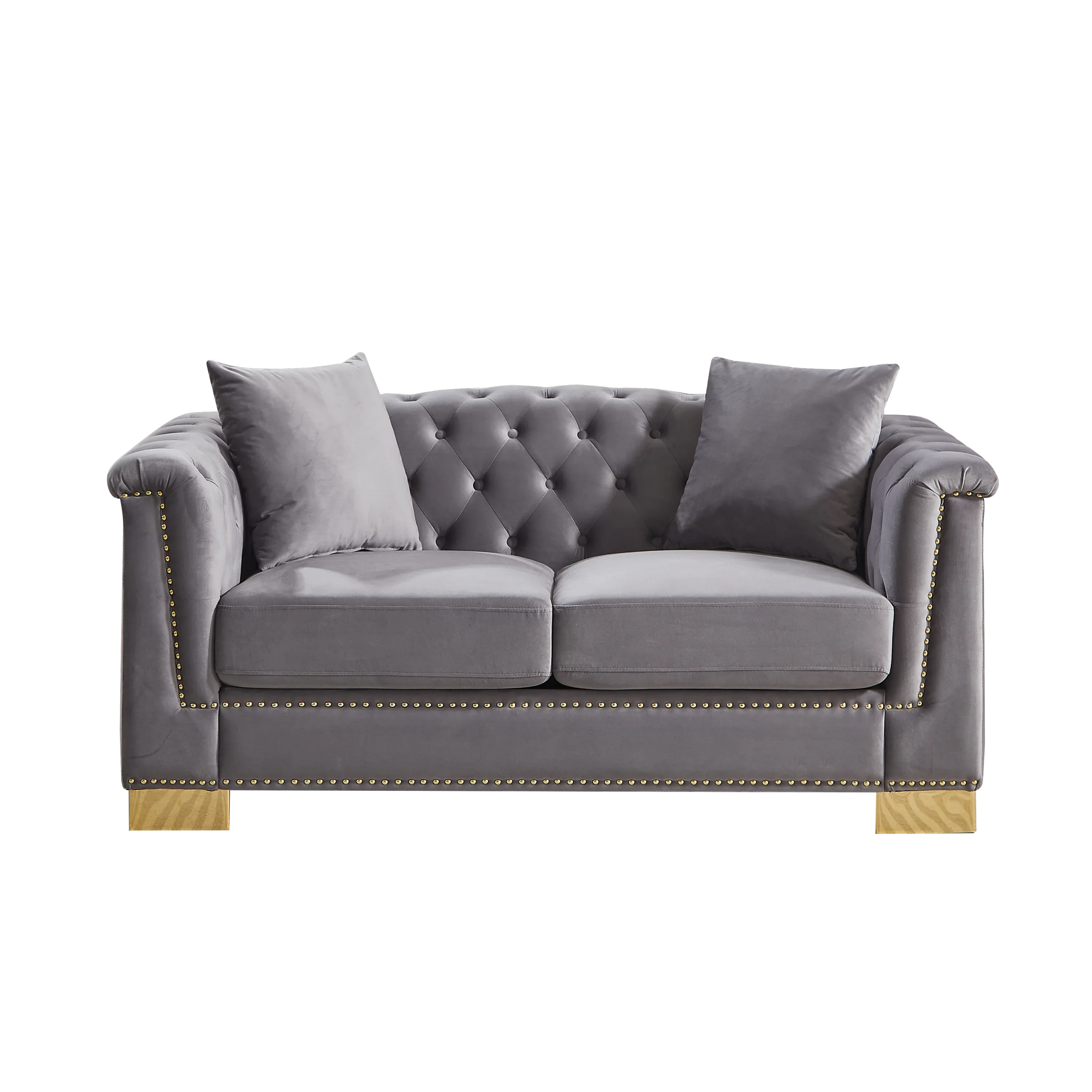 {Video] Classic Modern Style Sofa, 62-inch Chesterfield Classic Rolled Arm Tucked-in Nailhead Decor Cloud Two-Seater Velvet Sofa, Luxury Double Sofa Suitable for Living Room, Bedroom, Apartment, Grey - Eloy Royal