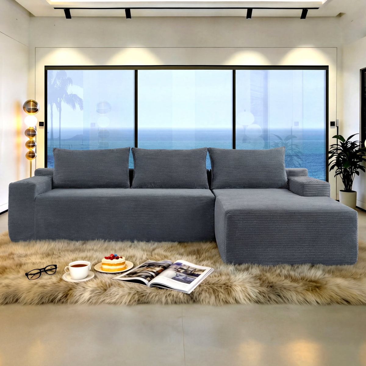 New2 96.9'Compressible doubleCloud Sectional Couch with L-Shape Chaise,Modern Modular Sofa with Deep Seat,Upholstered Couches for Living Room Bedroom,No Assembly Required, Corduroy Fabric,Grey Right