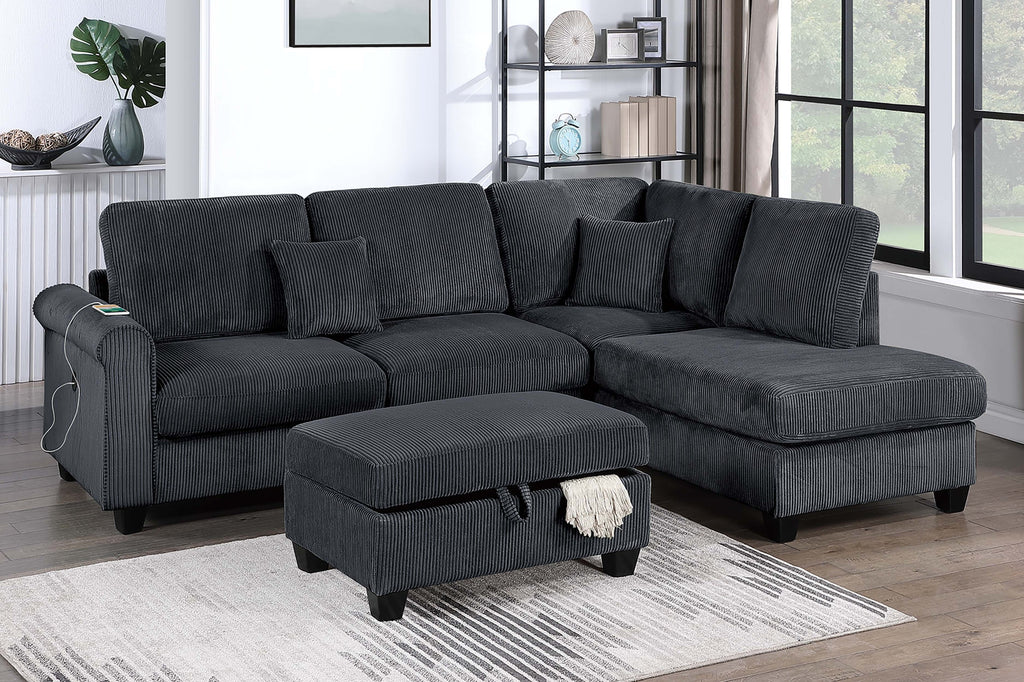 Contemporary Style 3pc Sectional Set Right Arm Chaise Left Arm Sofa w/ USB Port Storage Ottoman Throw Pillow Wooden Legs Black Finish Primary Living Room