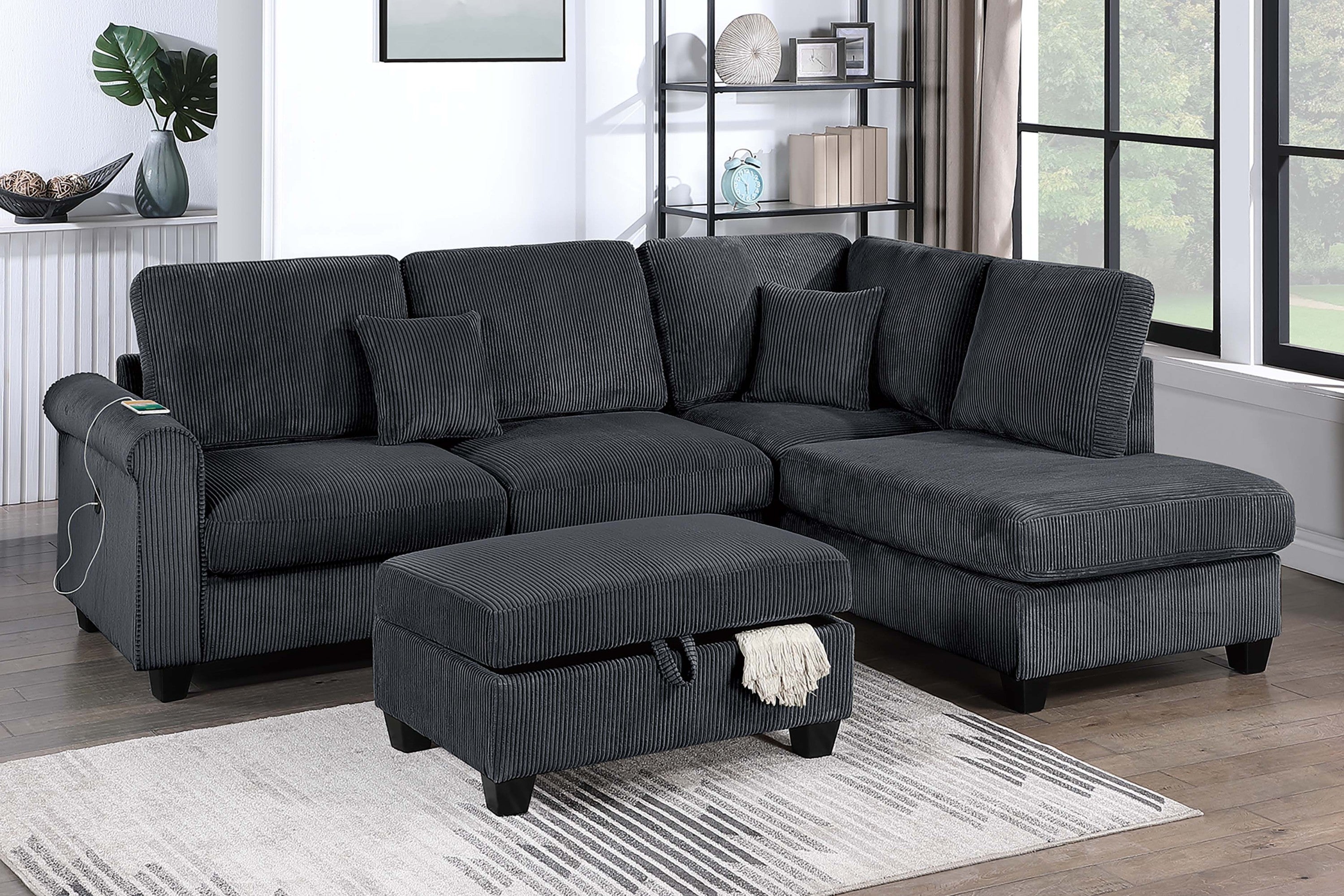 Contemporary Style 3pc Sectional Set Right Arm Chaise Left Arm Sofa w/ USB Port Storage Ottoman Throw Pillow Wooden Legs Black Finish Primary Living Room