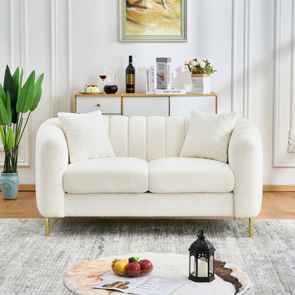 61' Chenille Loveseat Sofa,Luxury 2 Seater Deep Couch,Modern Tufted Couch, Gold Metal Legs Sofa for Living Room, Bedroom, Apartment (White)