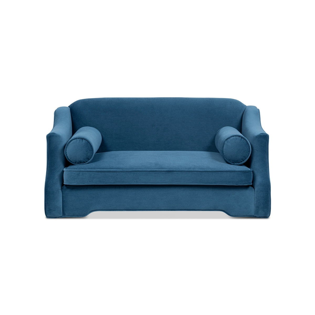 Paloma Medium Dog Sofa Bed in Satin Teal Blue Velvet with Curved Arms and Bolster Pillows