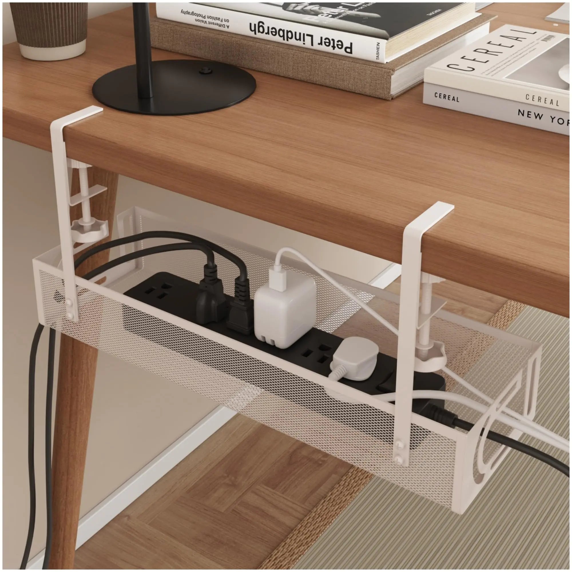 Under Desk Cable Management Tray - Cable Management Organizers Holder Cable Management Under Desk No Drill to Desk Cable Raceway Under Desk Storage for Office Kitchens Home (White)