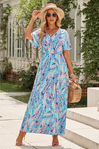 Wholesale Rose Boho Abstract Print V Neck Short Sleeve Maxi Wrap Dress - Eloy Royal