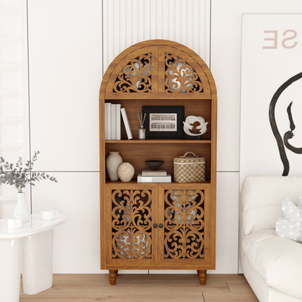 Vintage Arched Carved Wood Cabinet, 66' Tall Open Shelf Bookcase, Freestanding Decorative Storage for Home & Office