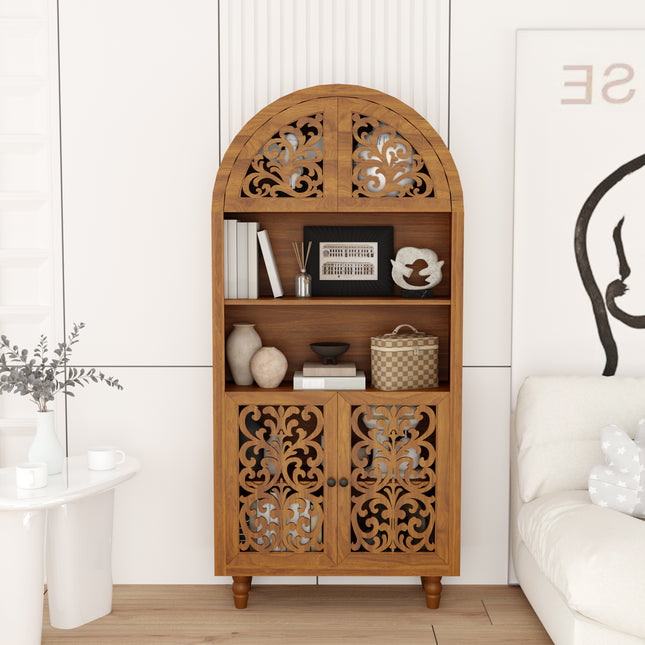 Vintage Arched Carved Wood Cabinet, 66' Tall Open Shelf Bookcase, Freestanding Decorative Storage for Home & Office
