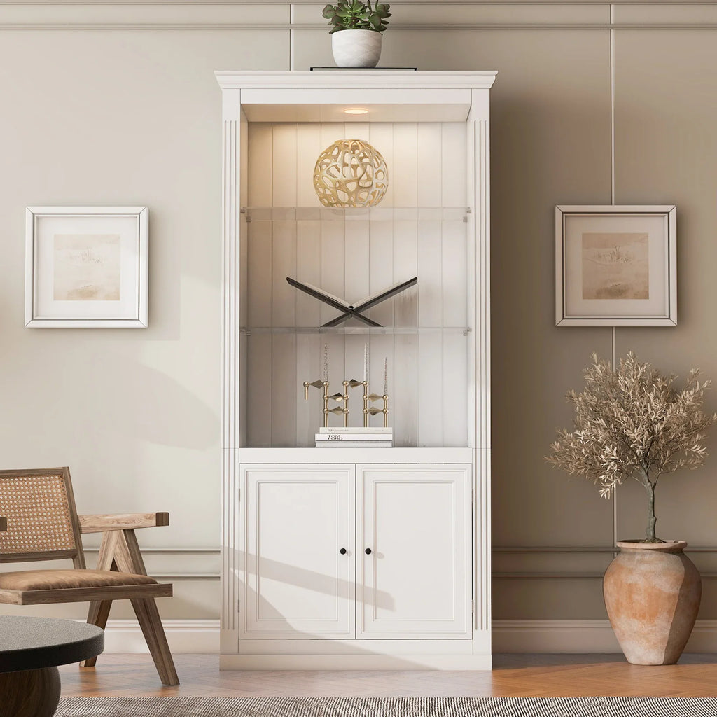 78.75''H 4-Tier Display Shelf, with 5-Colors Dimmable Ceiling Light, Freestanding Farmhouse Bookcases with Storage & Doors, Bookshelf with Adjustable Glass Shelves for Home & Office - White - Eloy Royal