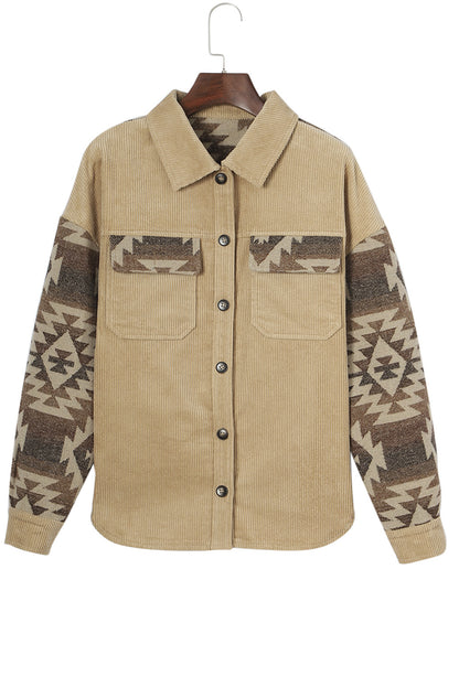 Wholesale Khaki Geometric Print Patchwork Frayed Edge Corduroy Jacket - Eloy Royal