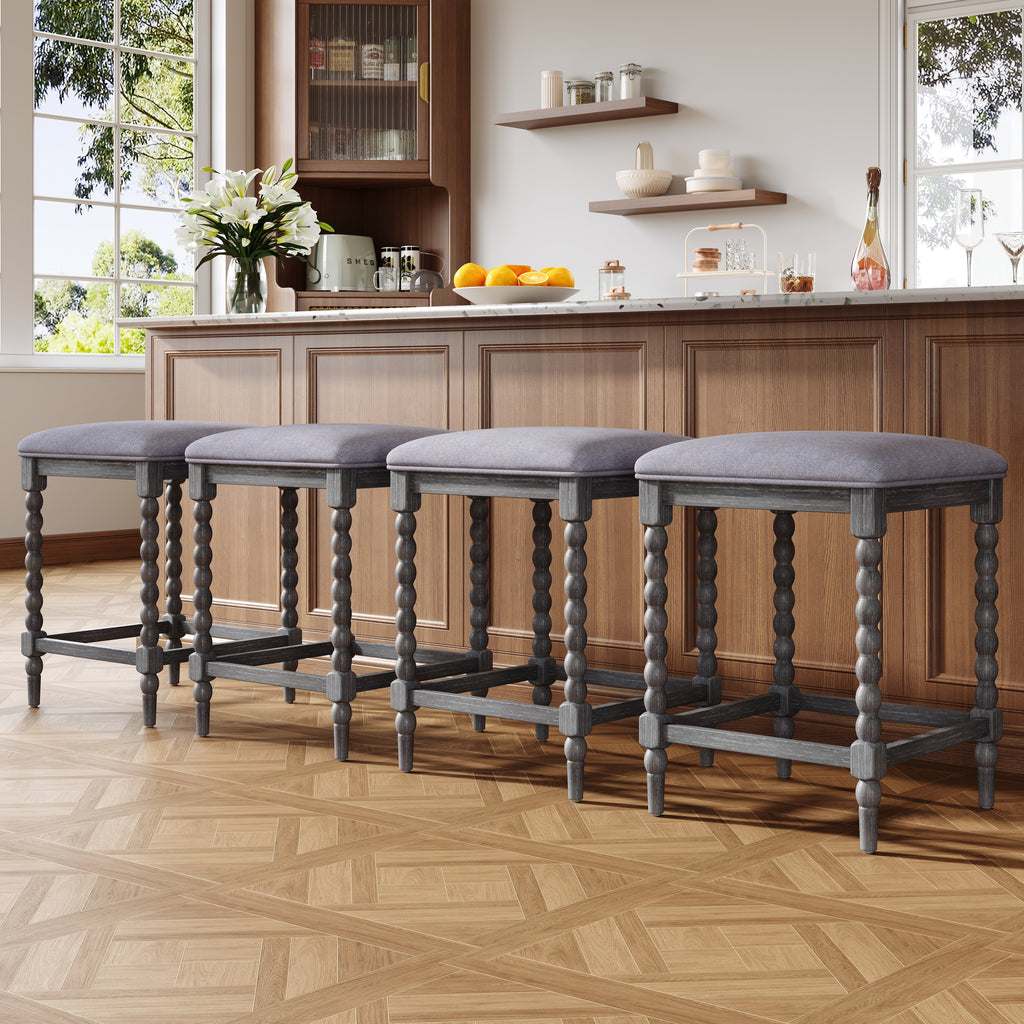 26''Counter Stools,Set of 4 with Upholstered Seat, Solid Acacia wood Frame, Foam-Padded Seat, Open Airy Design for Kitchen Island and Bar, Gray