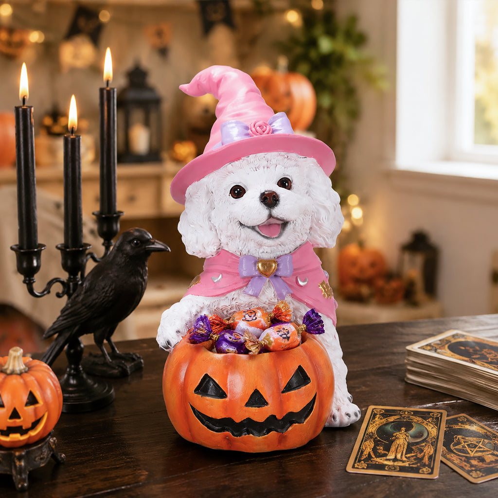 Halloween White Teddy Puppy Figurine, Witch Dog Holding Pumpkin Candy Bowl Decoration