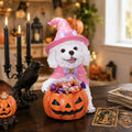 Halloween White Teddy Puppy Figurine, Witch Dog Holding Pumpkin Candy Bowl Decoration